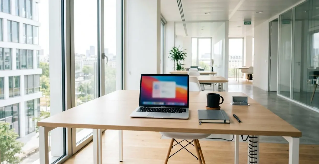 Un bureau moderne français avec ordinateur portable affichant une interface de logiciel sur écran flouté, carnet de notes et tasse de café