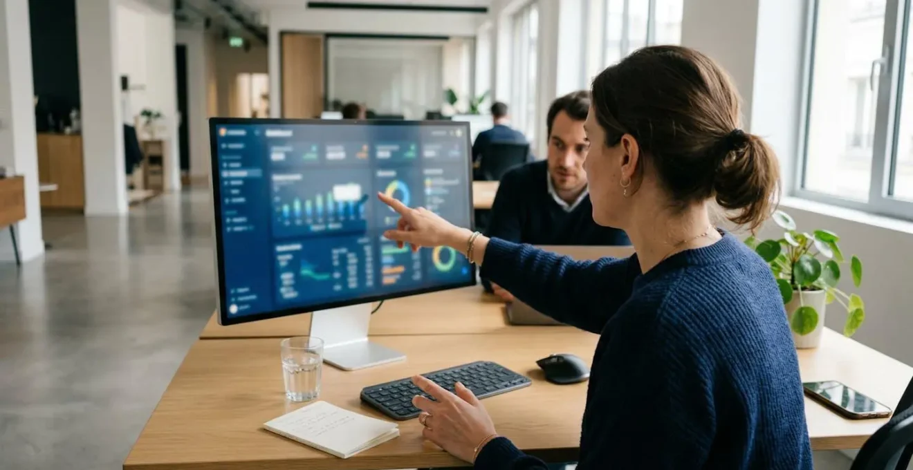 Personne de dos consultant un tableau de bord financier sur écran d'ordinateur dans un bureau contemporain