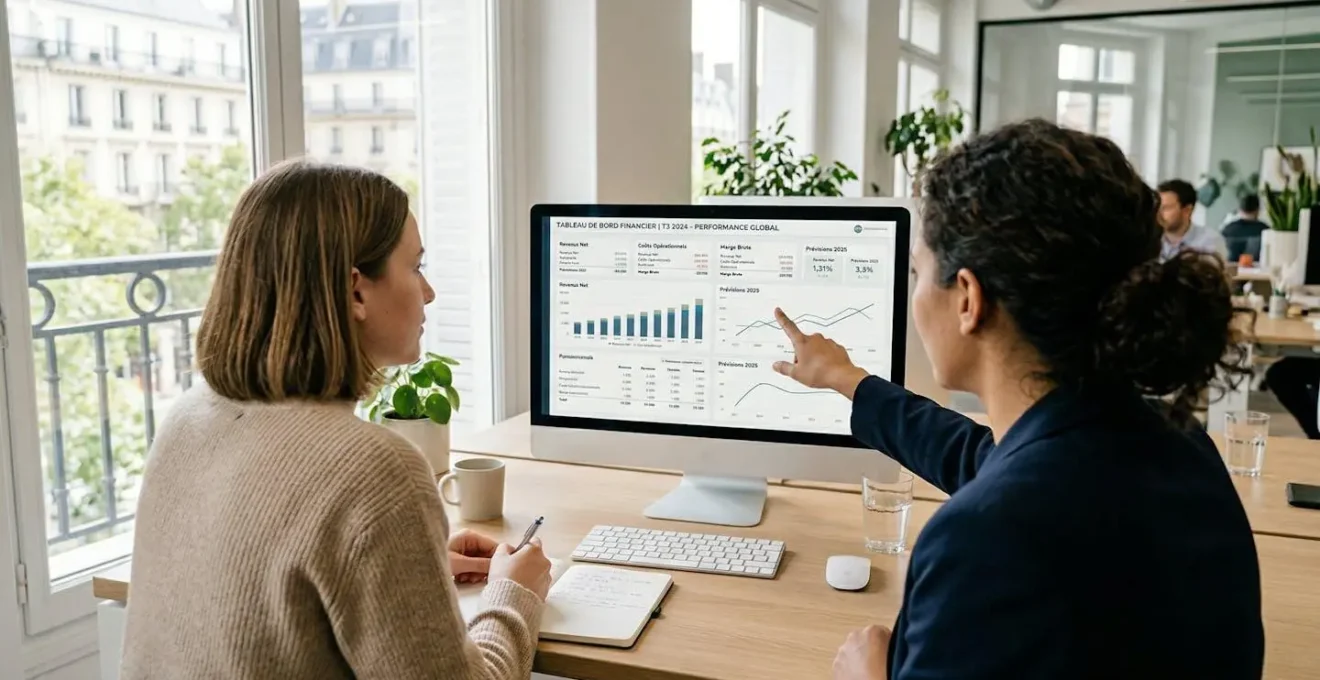 Une directrice financière et sa comptable examinent ensemble un tableau de bord sur un écran d'ordinateur dans un bureau contemporain lumineux
