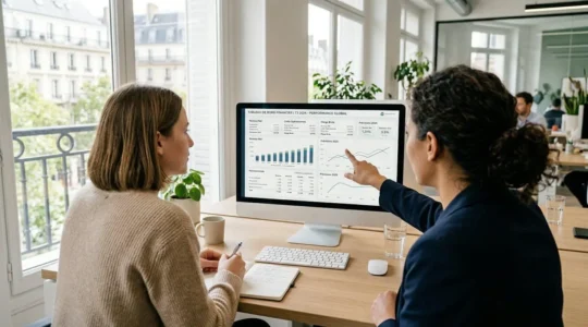 Une directrice financière et sa comptable examinent ensemble un tableau de bord sur un écran d'ordinateur dans un bureau contemporain lumineux