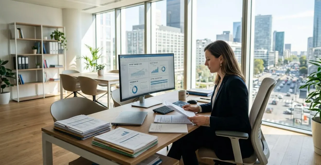 Bureau moderne de direction financière avec écran d'ordinateur, documents organisés et grande fenêtre lumineuse