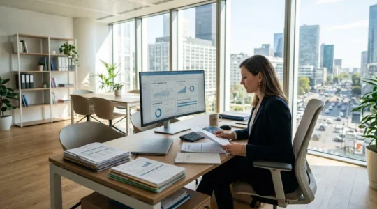 Bureau moderne de direction financière avec écran d'ordinateur, documents organisés et grande fenêtre lumineuse