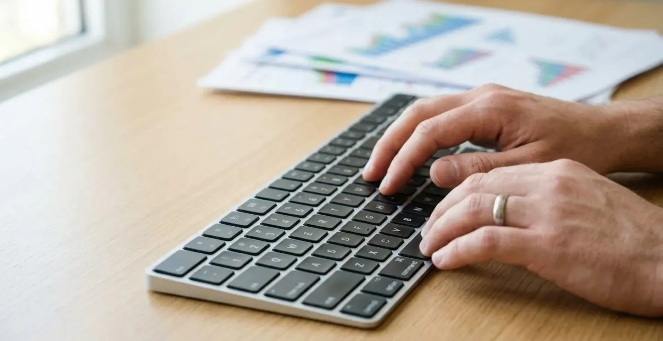 Gros plan sur des mains tapant au clavier d'ordinateur moderne avec graphiques financiers flous en arrière-plan