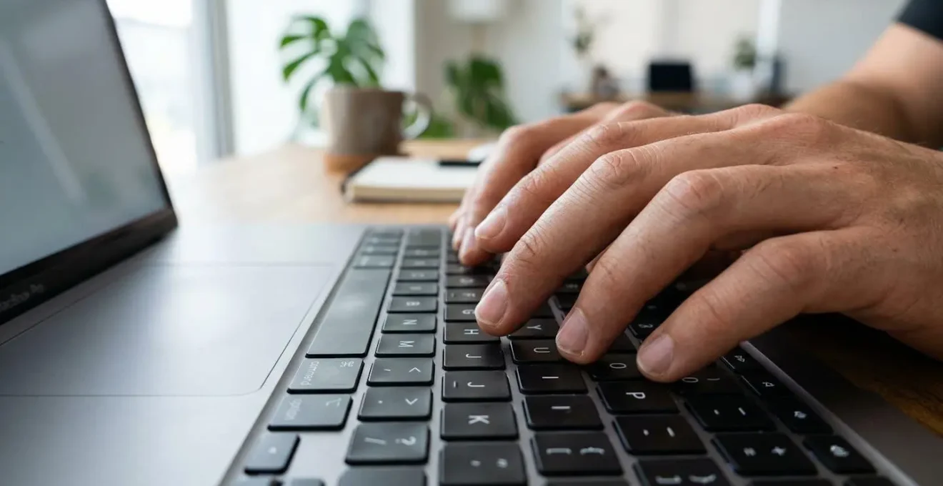 Gros plan sur des mains tapant sur le clavier d'un ordinateur portable moderne, avec arrière-plan flouté montrant un environnement de bureau contemporain
