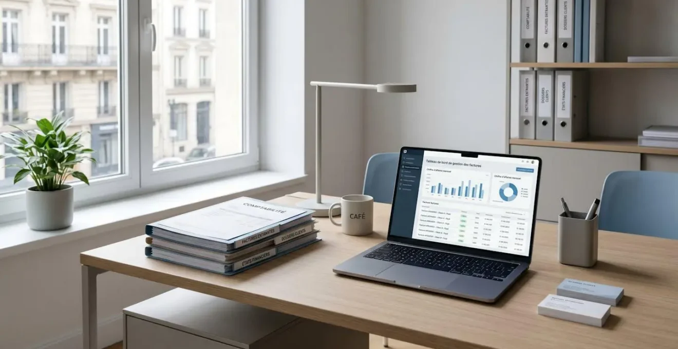 Bureau d'expert-comptable organisé avec documents comptables classés et écran affichant un tableau de bord de gestion de facturation dans une ambiance lumineuse et professionnelle