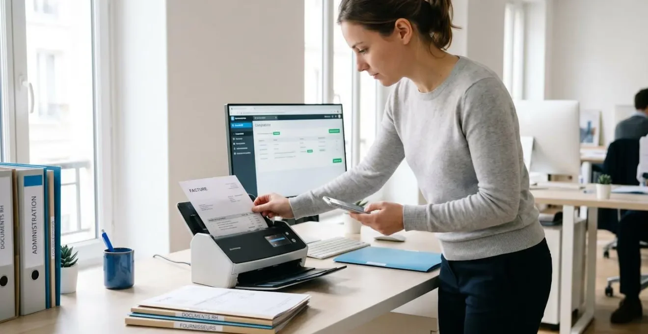 Collaborateur scannant une facture avec un smartphone dans un bureau contemporain pour centraliser les pièces comptables