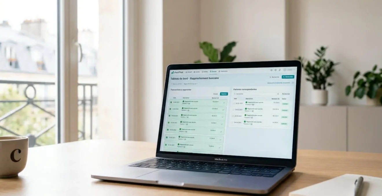 Écran de laptop affichant l'interface iPaidThat avec rapprochement bancaire automatique et factures validées en vert