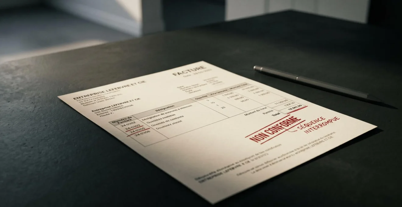 Gros plan sur facture papier avec tampon rouge Non conforme soulignant une erreur de numérotation, symbolisant les risques de redressement fiscal