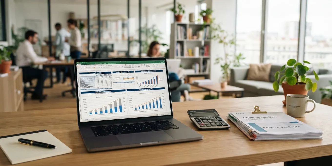 Disposition organisée de documents représentant les frais récurrents d'une SARL : relevé bancaire professionnel, contrat de domiciliation, police d'assurance RC pro et formulaires INPI
