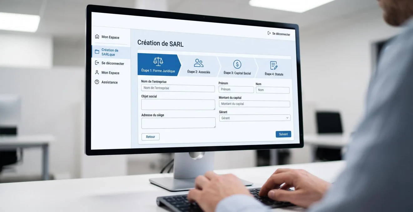 Écran d'ordinateur affichant l'interface d'une plateforme juridique en ligne française pour la création de SARL, avec mains tapant au clavier