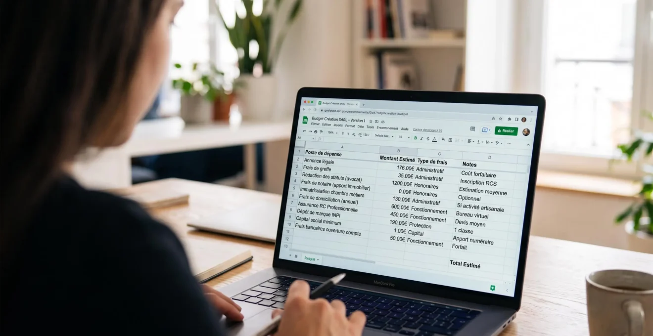 Entrepreneur consultant un tableur détaillant le budget prévisionnel de création SARL avec postes de dépenses et montants précis en euros