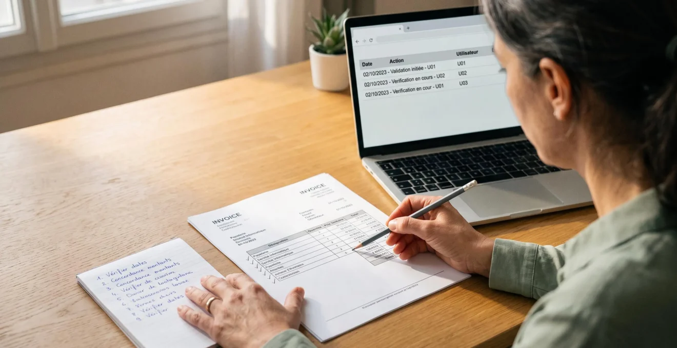 Contrôle d’une facture fournisseur fictive et de son historique de validation.